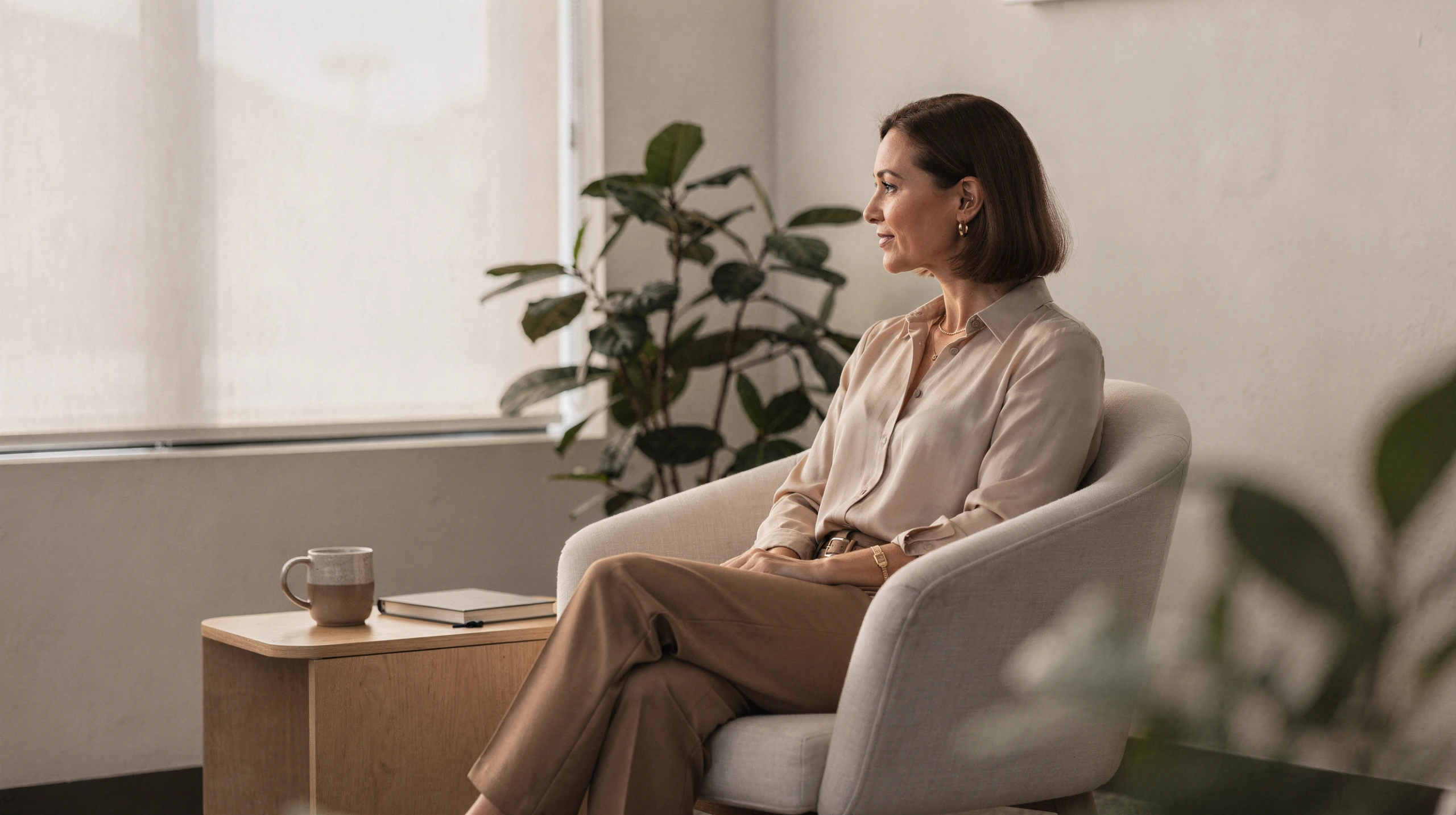 Psychiatrist in Woodland Hills, CA – client talking with a therapist in a bright office at Uriel Behavioral Wellness